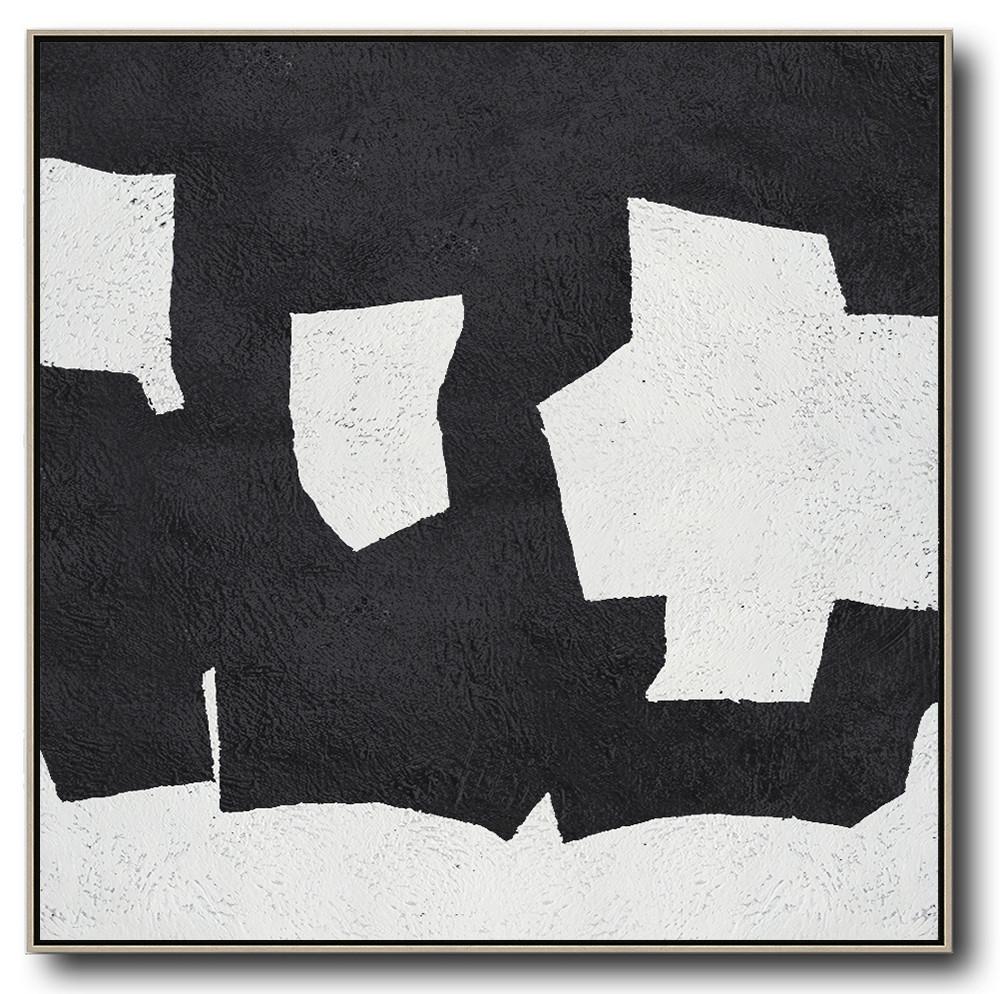 Hand-Painted Oversized Minimal Black And White Painting - Flower Painting Restroom Huge